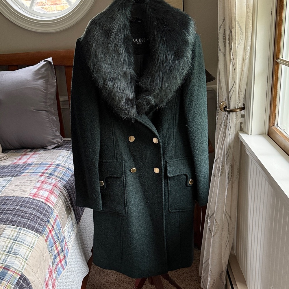GUESS Women's Forest Green Pea Coat with Green Faux Fur